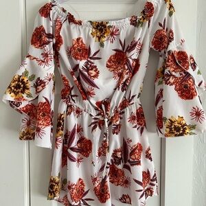 Blush Floral Off-Shoulder Romper with Bell Sleeves